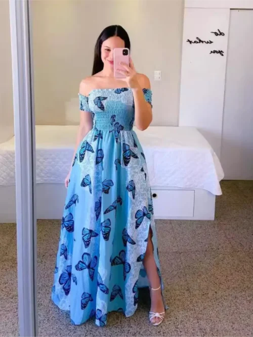 Elegante feminino fora do ombro midi vestido 2024 verão moda vestidos de cintura alta flor impressão manga curta vestidos robe roupas - Imagem 4