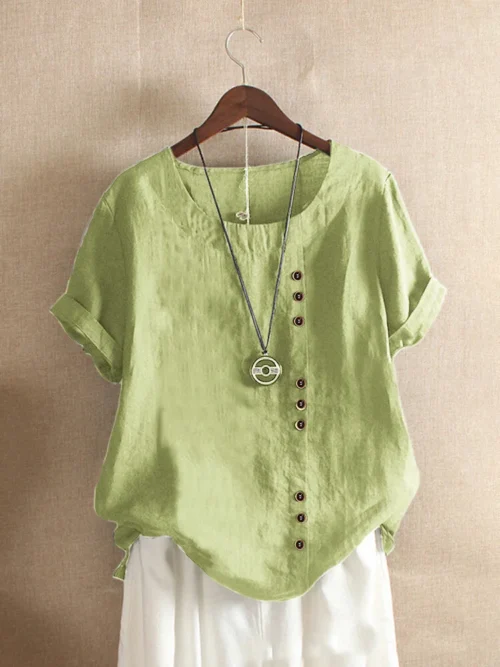 Top feminino de algodão e linho verão casual solto botão manga curta cor sólida pulôver blusa femme blusas - Imagem 34