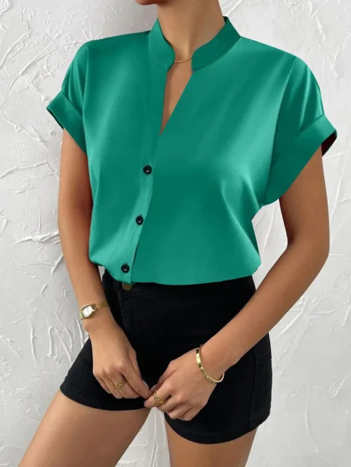 2024 verão com decote em v camisa feminina casual senhora do escritório cor sólida manga curta único breasted elegante blusa feminina femme blusas - Imagem 3