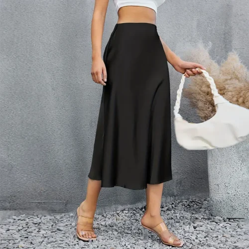Y. KUKU saia midi feminina novo cetim brilhante saias de cintura alta marca casual moda vintage verão chique feminino faldas saia - Imagem 10