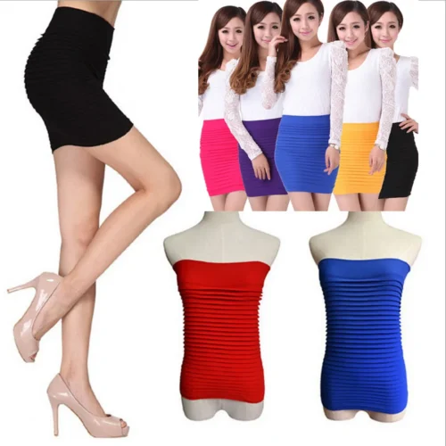 Verão feminino saia de cintura alta cor sólida elástica saia plissada para senhora do escritório drapeado magro mini saia sexy senhora lápis saias - Imagem 2