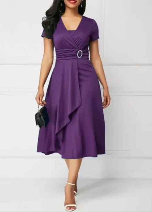 Vestidos de verão elegantes femininos cor sólida manga curta com decote em v assimétrico bainha cintura apertada midi vestido de festa senhoras vestidos de noite - Imagem 9