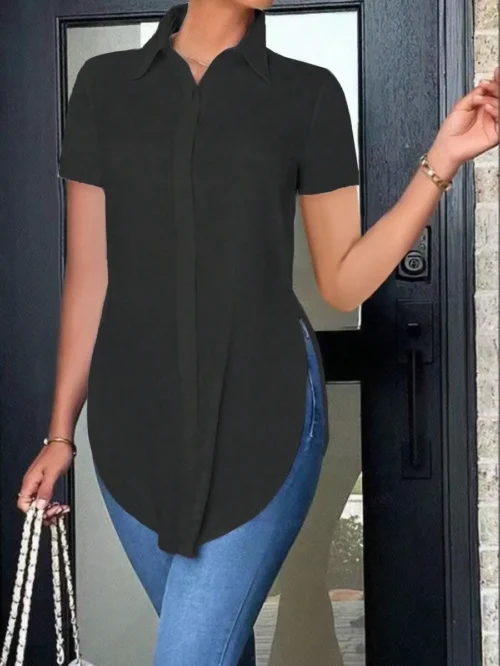 Blusas femininas verão casual branco camisa de manga curta moda ol lapela irregular camisas finas roupas femininas streetwear topos - Imagem 21