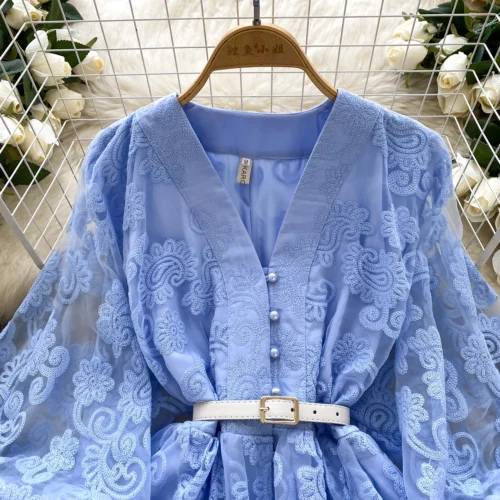 Francês doce decote em v lanterna manga mini vestido de verão feminino bordado flor malha retalhos cinto casual praia a linha festa robes - Imagem 19