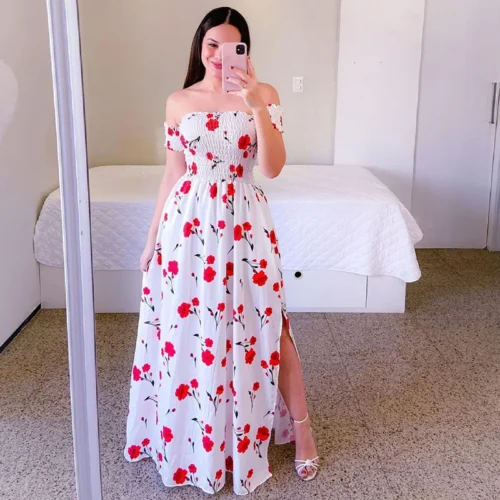 Elegante feminino fora do ombro midi vestido 2024 verão moda vestidos de cintura alta flor impressão manga curta vestidos robe roupas - Imagem 12