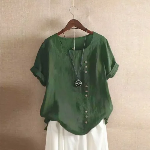 Top feminino de algodão e linho verão casual solto botão manga curta cor sólida pulôver blusa femme blusas - Imagem 5