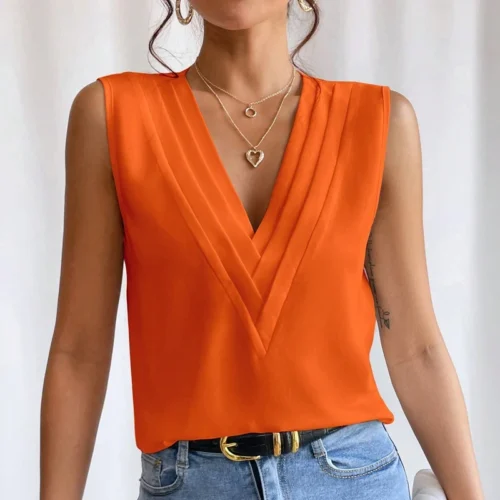 Sólido casual solto sem mangas blusas para mulheres moda verão camisas e blusas de grandes dimensões elegantes jovens femininos topos - Imagem 3