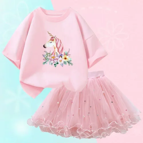 Conjunto de duas peças feminino, saia de malha tutu e camiseta, roupa de festa infantil, bonita coreana, moda verão, 3-14 anos - Imagem 37