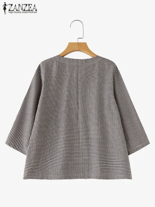 Zanzea casual solto blusa feminina verão em torno do pescoço camisa verificado impresso bolso 3/4 manga topos harajuku simples blusas - Imagem 5