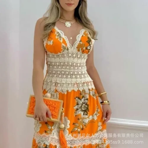Vestido de Praia Feminino com Painel de Bordas, Saia Longa, Decote V, Estampado, Férias Europeu e Americano, Sexy, Verão, 2022 - Imagem 2