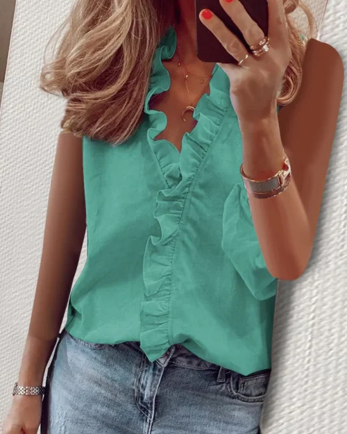 Praia verão sexy com decote em v camisas de tanque branco impressão feminina chiffon babados sem mangas das mulheres topos blusas casuais festa camisas florais - Imagem 15