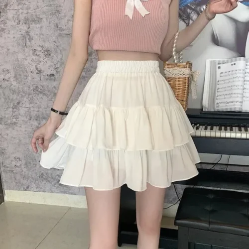 Mini saia de babados brancos para mulheres, cintura elástica, linha A, solta, estilo preppy, fofa, curta, plissada, moda coreana, kawaii - Imagem 20