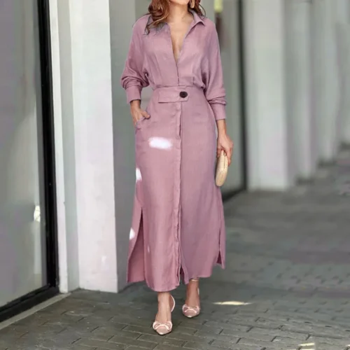 Vestido feminino 2024 outono nova moda elegante manga longa lazer tempo cor sólida decote em v sexy senhoras camisa vestidos mschuh S-3XL - Imagem 3