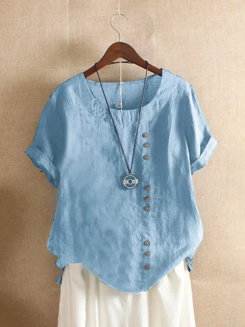 Top feminino de algodão e linho verão casual solto botão manga curta cor sólida pulôver blusa femme blusas - Imagem 8