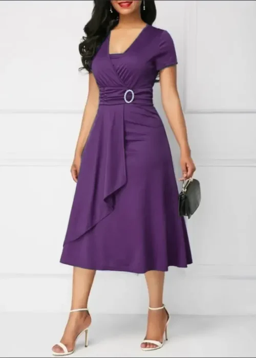 Vestidos de verão elegantes femininos cor sólida manga curta com decote em v assimétrico bainha cintura apertada midi vestido de festa senhoras vestidos de noite - Imagem 14