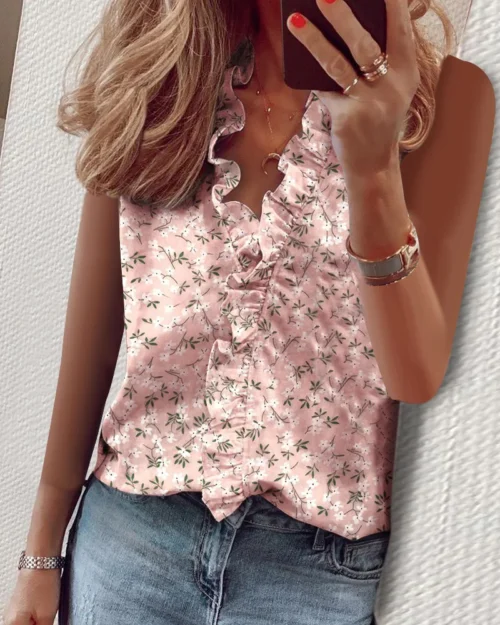 Praia verão sexy com decote em v camisas de tanque branco impressão feminina chiffon babados sem mangas das mulheres topos blusas casuais festa camisas florais - Imagem 11