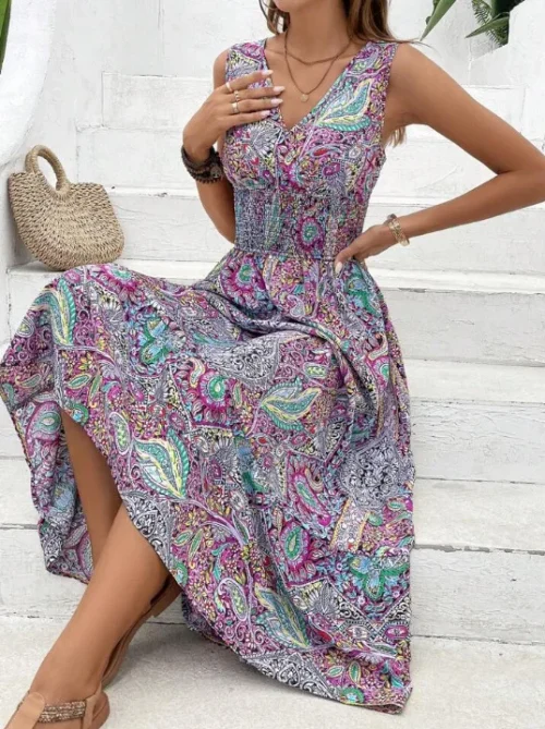 Verão boho vestidos femininos fahsion sem mangas impressão praia vestidos de festa 2024 elegante casual férias para mulher longo a linha vestido - Imagem 18