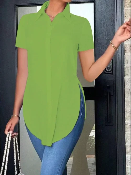 Blusas femininas verão casual branco camisa de manga curta moda ol lapela irregular camisas finas roupas femininas streetwear topos - Imagem 23