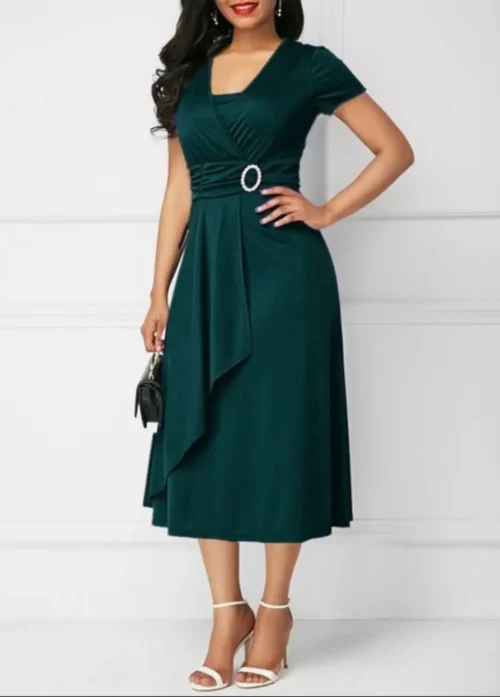Vestidos de verão elegantes femininos cor sólida manga curta com decote em v assimétrico bainha cintura apertada midi vestido de festa senhoras vestidos de noite - Imagem 8
