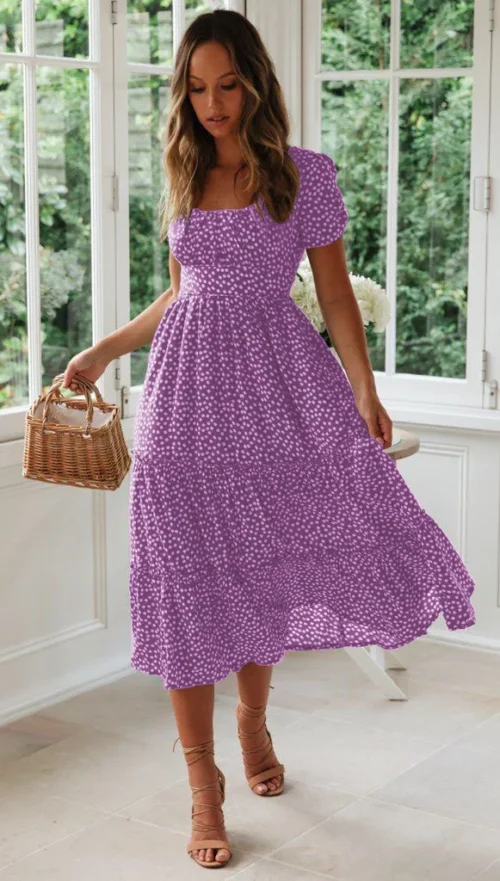 Verão feminino praia doce vestidos vintage impressão puff manga casual gola quadrada floral feminino maxi vestido longo - Imagem 14