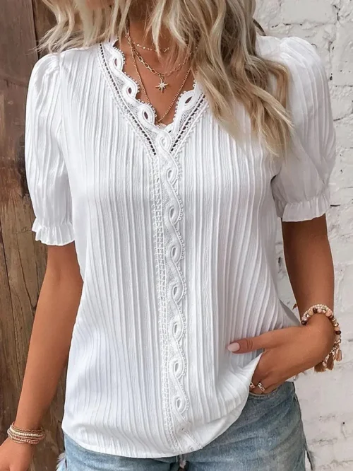 Verão feminino novo topo 2024 sólido sexy com decote em v oco camisa de manga curta moda splice plus size blusa solta vestuário rua - Imagem 23