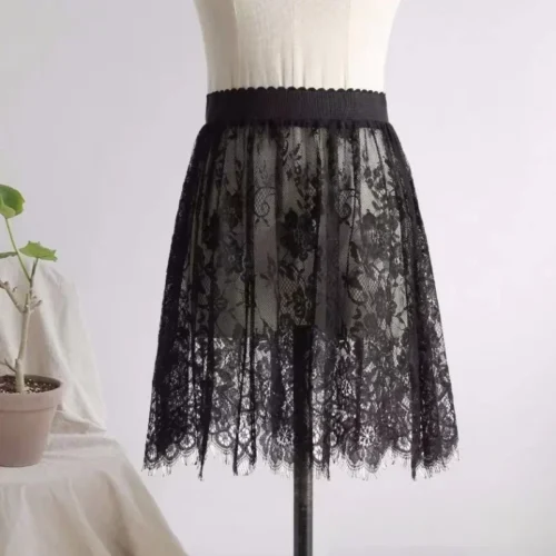 2 comprimento elegante saia preta renda branca transparente longa saia de tule senhoras elástica cintura alta praia midi saia transporte da gota - Imagem 4