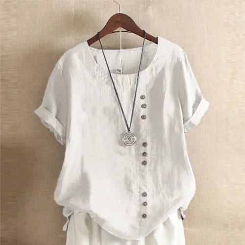 Top feminino de algodão e linho verão casual solto botão manga curta cor sólida pulôver blusa femme blusas - Imagem 3