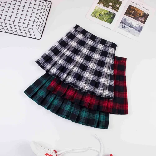 Saia xadrez plissada de cintura alta feminina, linha A, vermelha, coreana, Harajuku, primavera e outono, nova, 2023 - Imagem 2