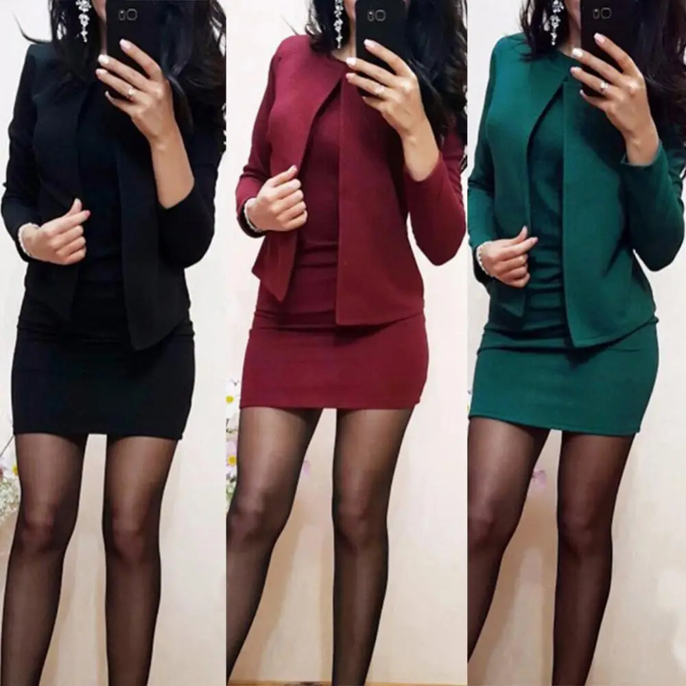 Vestido bodycon sem mangas de cor sólida com gola redonda 2 unidades/conjunto quente senhora do escritório casaco curto mini