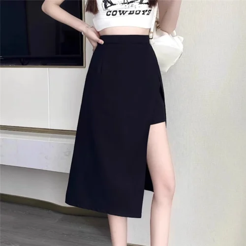Saia preta de fenda irregular de cintura alta feminina, verão, comprimento médio, linha A, Harajuku, vintage, roupas femininas, novo, 2023 - Imagem 4