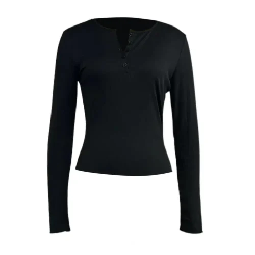 Mulheres outono primavera topo o pescoço botão manga longa fino ajuste pulôver macio respirável elástico estilo simples blusa feminina - Imagem 13