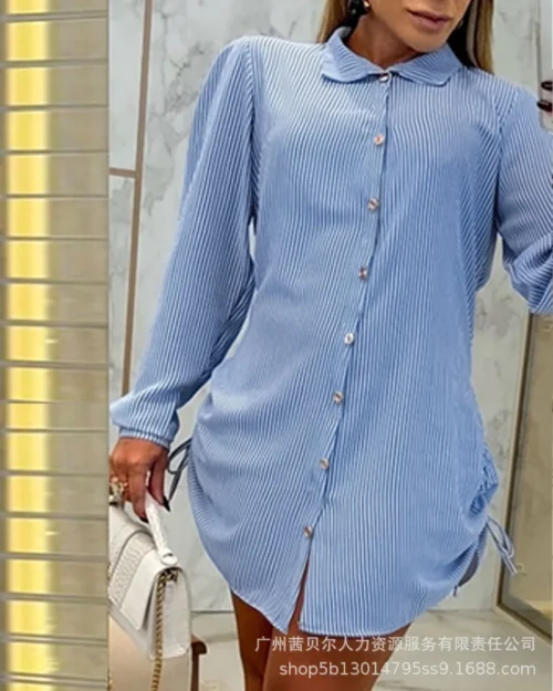 Mulheres xadrez manga longa lado plissado camisa com cordão vestido moda casual único breasted mini vestido camisas - Imagem 5