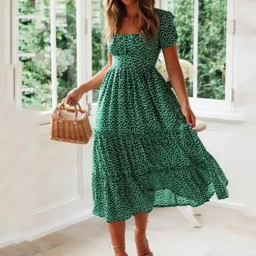 Verão feminino praia doce vestidos vintage impressão puff manga casual gola quadrada floral feminino maxi vestido longo - Imagem 13