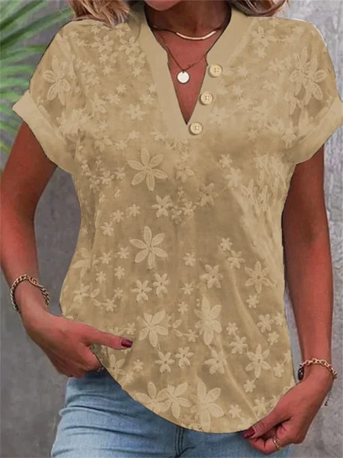 Verão casual camisa com decote em v blusa feminina moda branco jacquard camisas de manga curta feminina 2024 escritório senhoras blusa elegante topos - Imagem 4