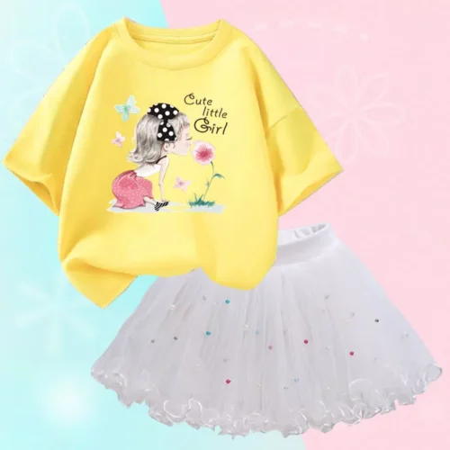 Conjunto de duas peças feminino, saia de malha tutu e camiseta, roupa de festa infantil, bonita coreana, moda verão, 3-14 anos - Imagem 27