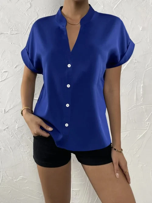 2024 verão com decote em v camisa feminina casual senhora do escritório cor sólida manga curta único breasted elegante blusa feminina femme blusas - Imagem 11