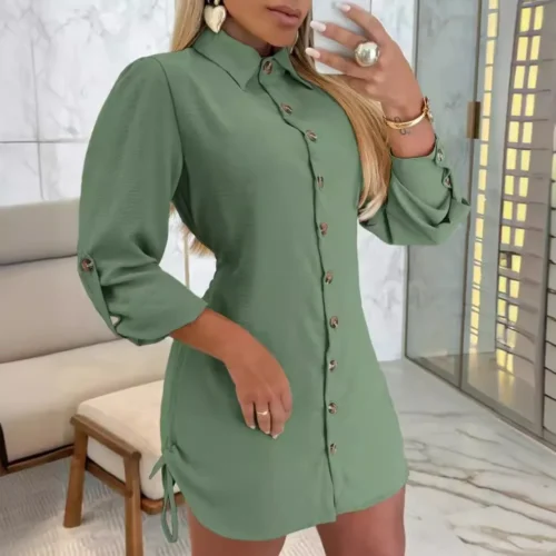 Moda manga longa botões camisa mini vestido feminino 2024 outono elegante escritório branco sólido vestidos para mulheres longas topos robe femme - Imagem 3