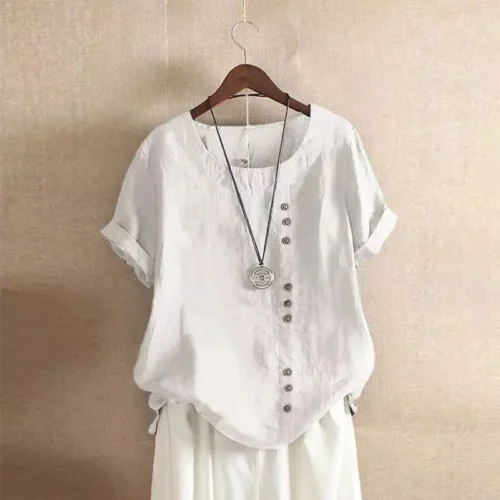 Top feminino de algodão e linho verão casual solto botão manga curta cor sólida pulôver blusa femme blusas - Imagem 14