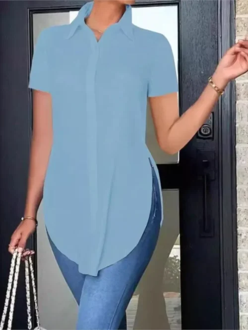 Blusas femininas verão casual branco camisa de manga curta moda ol lapela irregular camisas finas roupas femininas streetwear topos - Imagem 4