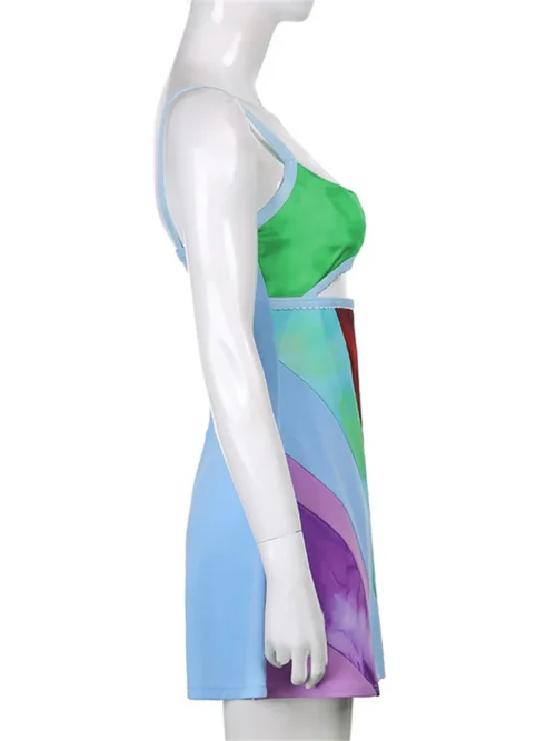 Y2k feminino suspender a linha vestido de verão sem mangas contraste cor u pescoço recorte curto bodycon vestido harajuku vestido de verão 2022 novo - Imagem 3