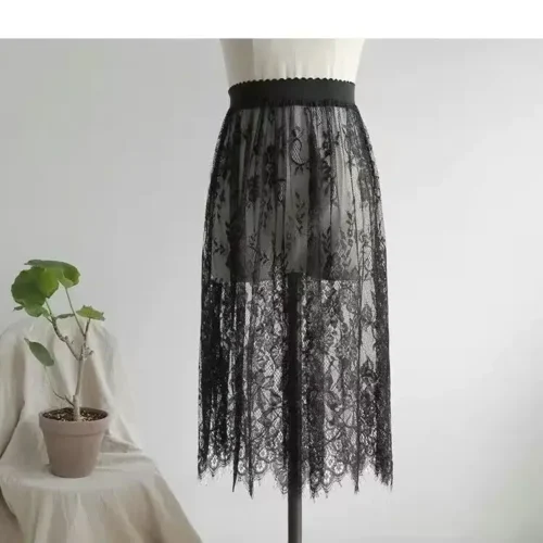 2 comprimento elegante saia preta renda branca transparente longa saia de tule senhoras elástica cintura alta praia midi saia transporte da gota - Imagem 9