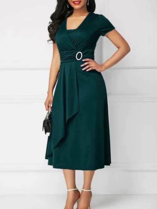 Vestidos de verão elegantes femininos cor sólida manga curta com decote em v assimétrico bainha cintura apertada midi vestido de festa senhoras vestidos de noite - Imagem 4