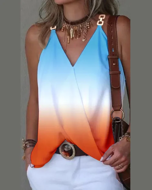 2024 verão com decote em v fivela de metal listrado impresso regata para mulher solta sem mangas pulôver blusa femme blusas mujer - Imagem 9