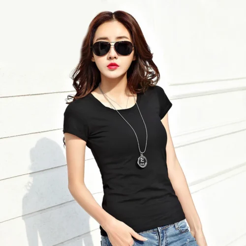 Blusa casual de manga curta feminina gola redonda, camiseta de verão, tops de cor sólida, preto e branco, 2021 - Imagem 6