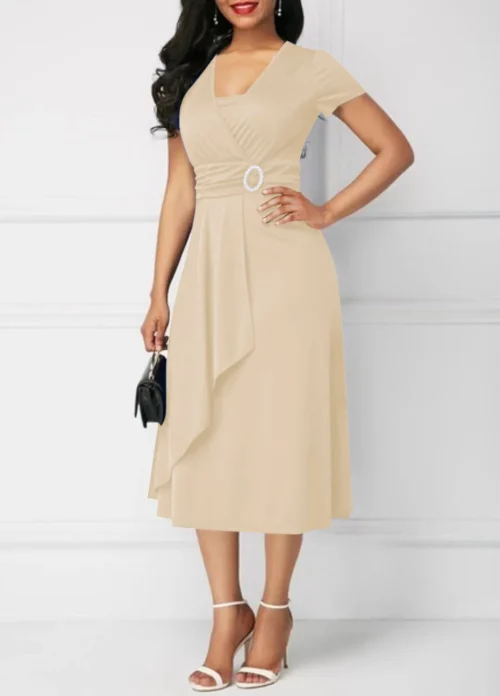 Vestidos de verão elegantes femininos cor sólida manga curta com decote em v assimétrico bainha cintura apertada midi vestido de festa senhoras vestidos de noite - Imagem 32