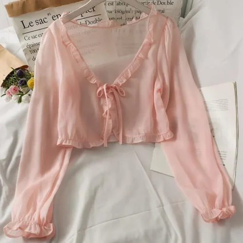 Manga longa fina respirável camisetas femininas laço arco cardigan blusa roupas babados proteção solar outwear blusa para capas - Imagem 12