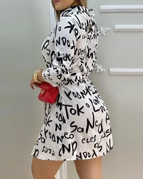Mulheres elegante vestido carta impressão manga longa camisa casual vestido verão primavera férias mini vestidos senhora do escritório 2025 vestidos - Imagem 6