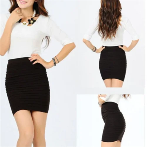 Verão feminino saia de cintura alta cor sólida elástica saia plissada para senhora do escritório drapeado magro mini saia sexy senhora lápis saias - Imagem 4