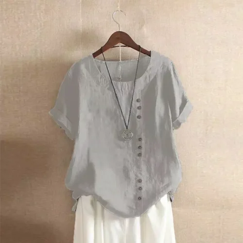 Top feminino de algodão e linho verão casual solto botão manga curta cor sólida pulôver blusa femme blusas - Imagem 30