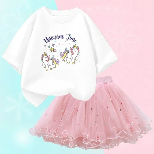Conjunto de duas peças feminino, saia de malha tutu e camiseta, roupa de festa infantil, bonita coreana, moda verão, 3-14 anos - Imagem 22